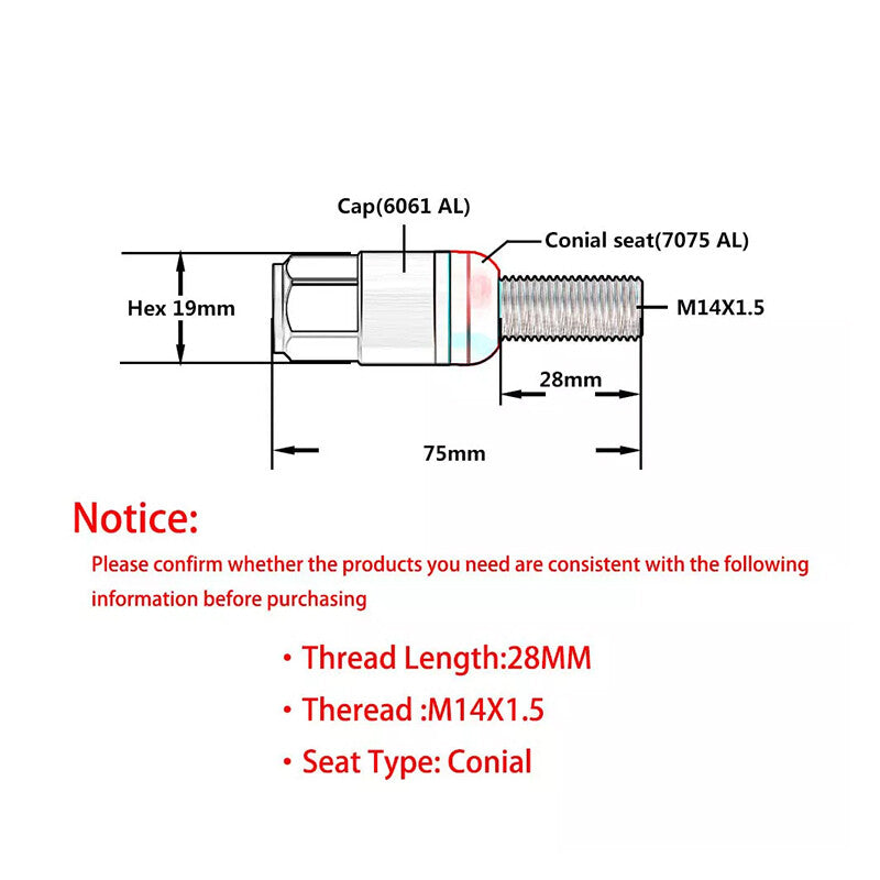 20-piece set of 28mm M14x1.5 wheel lug bolts and tapered for seat studs suitable for most aftermarket green products.