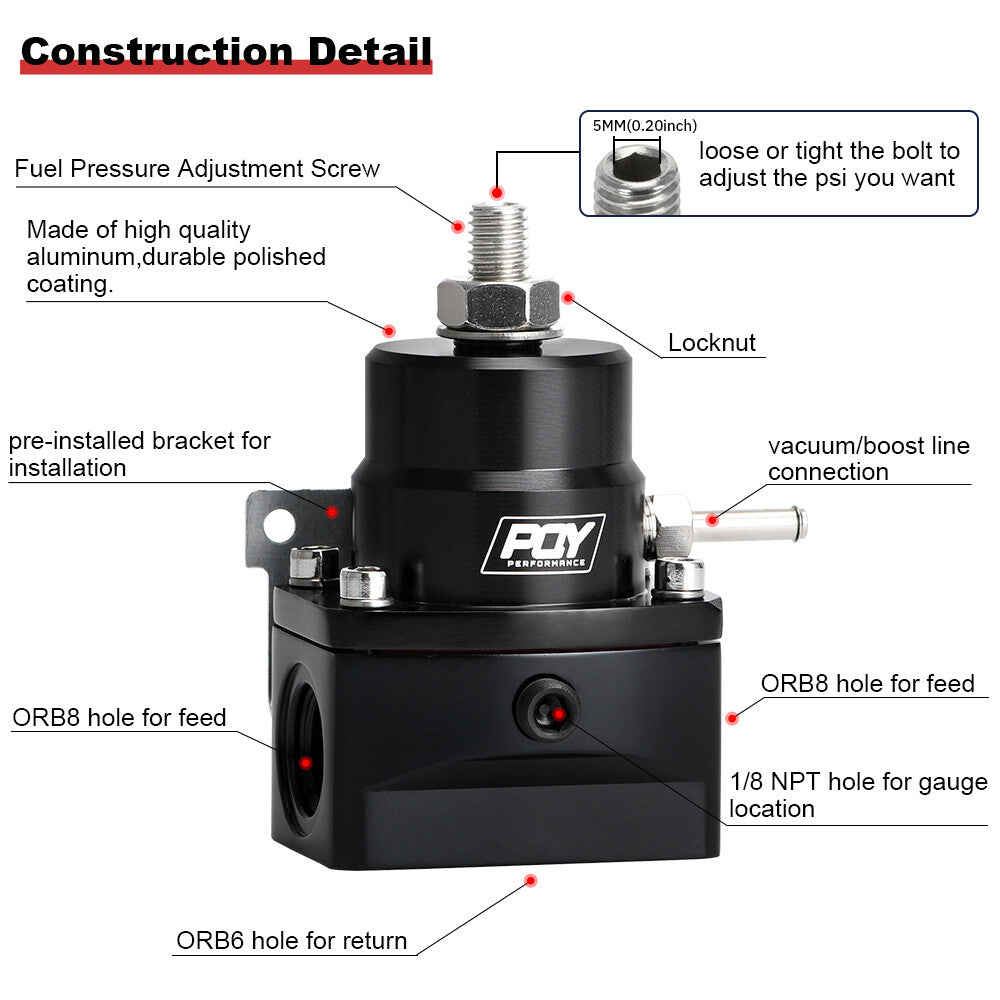 AN8 Feed AN6 Return Line Fuel Pressure Regulator w/ boost reference Gauge