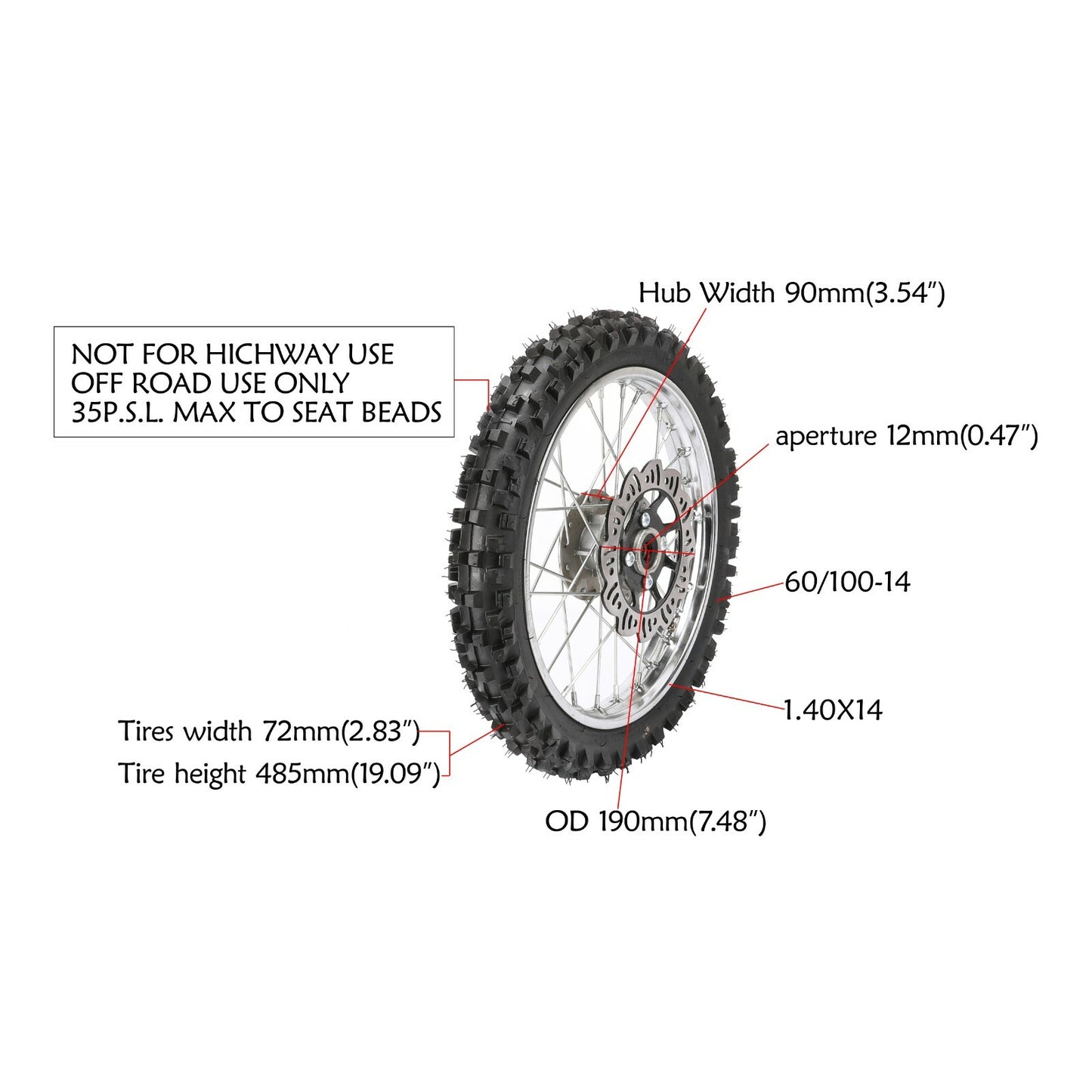 Front 60/100-14 + Rear 80/100-12 tires and rims (Fo), disc brakes (CRF50 XR70 PW80-).