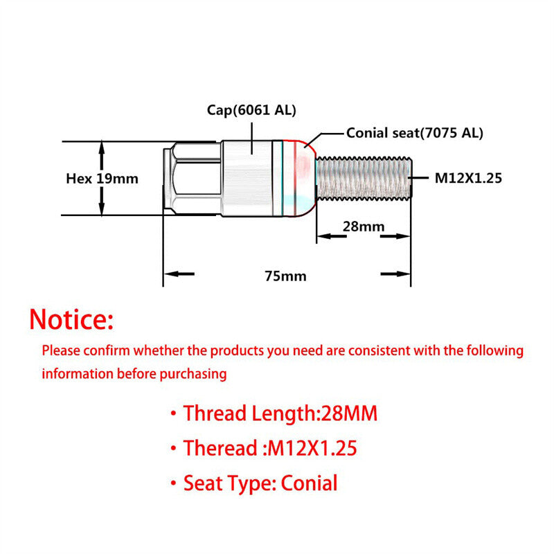 20-pack green M12x1.25 wheel lug bolts, tapered for seat studs, 28mm shank, suitable for Jeep for Chrysler .