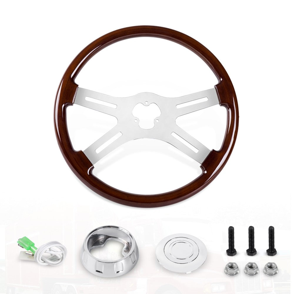 18 4 Spoke Wood Steering Wheel Chrome for Freightliner for Peterbilt for Kenworth for Volvo