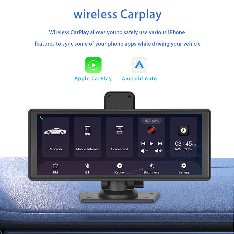10.26in Car DVR Dual Dash Cam Touch Screen GPS FM For Apple Carplay Android Auto