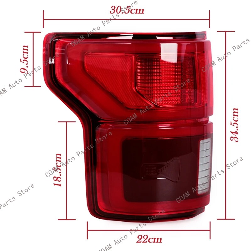 A pair of LED taillights with turn signals and blind spot monitoring for Ford F-150 (2018-2020).