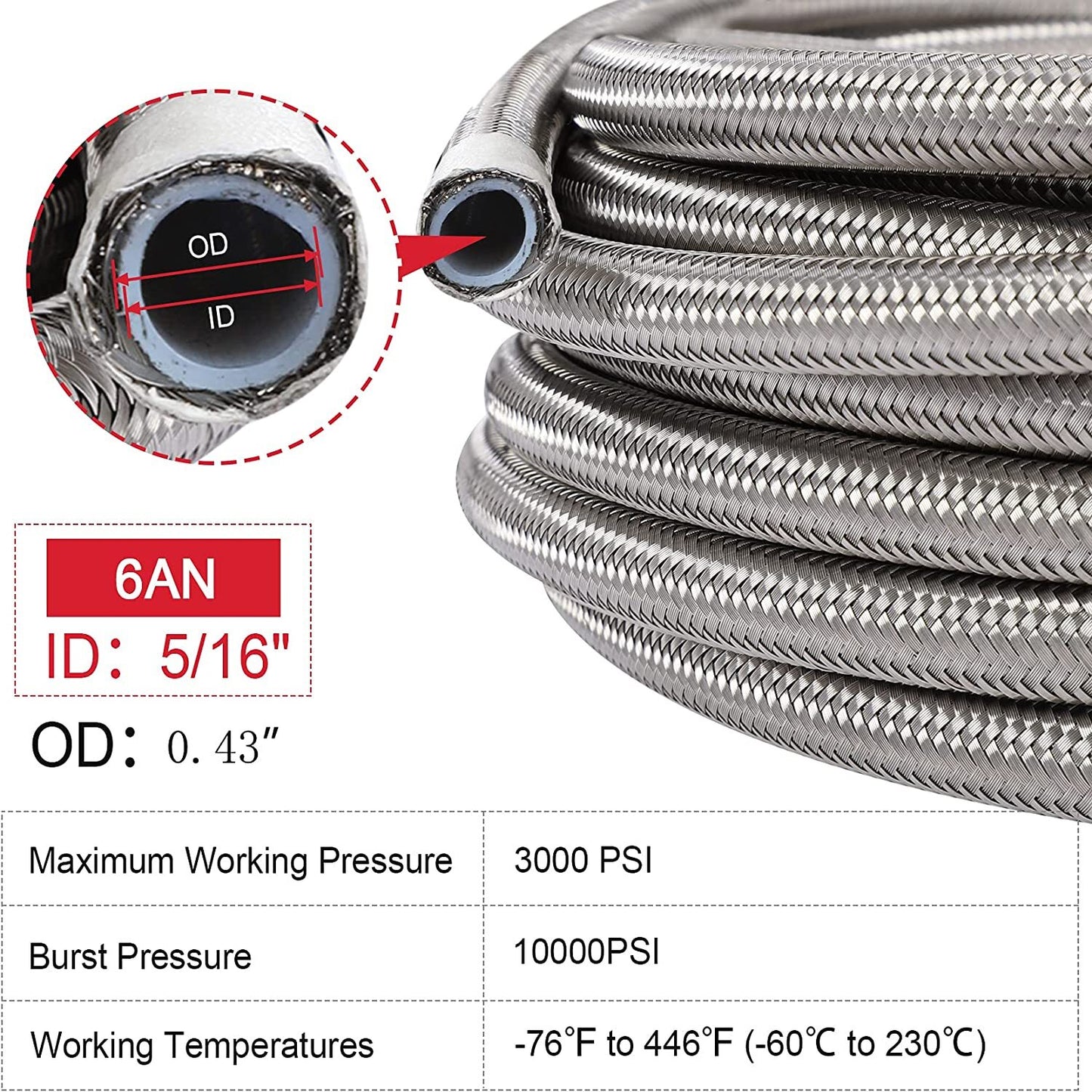 AN6-6AN AN-6 3/8 Fittings PTFE Stainless Steel Braided Oil Fuel Hose Line 20 ft
