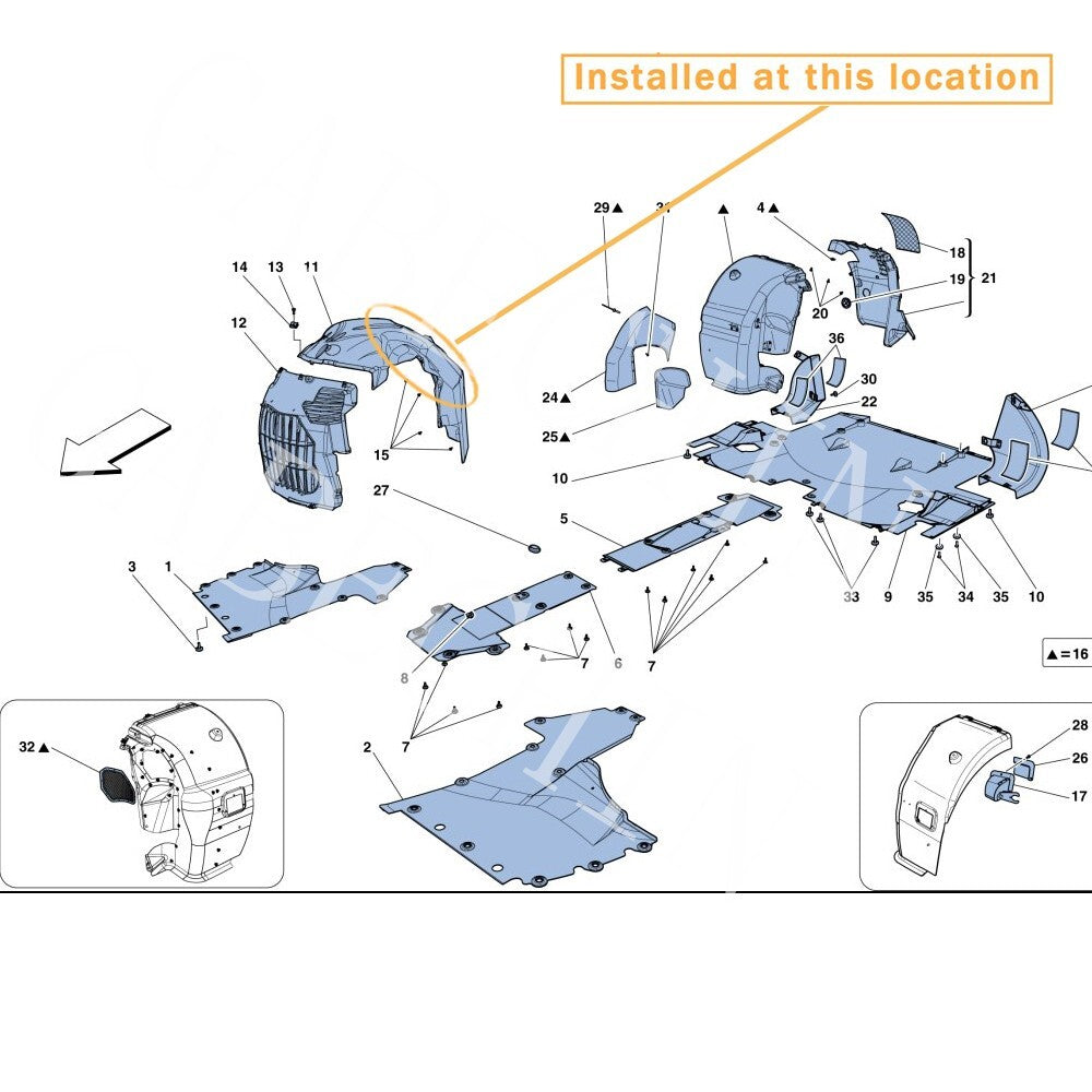 Equipment Manufacturer ( ): 82911500- (for Ferrari 458 Italia Spider Right Rear Fender Liner)