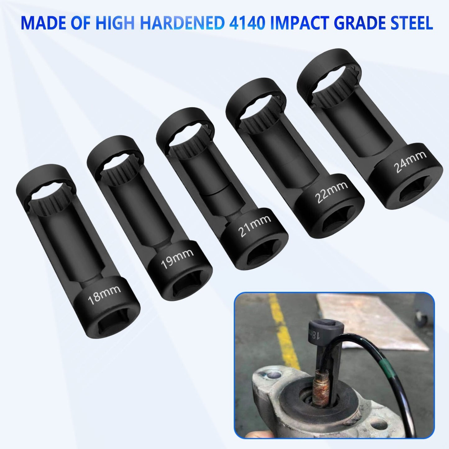 5pc Suspension Strut Nut Socket Set 18mm 19mm 21mm 22mm 24mm 12 Point 1/2 Drive