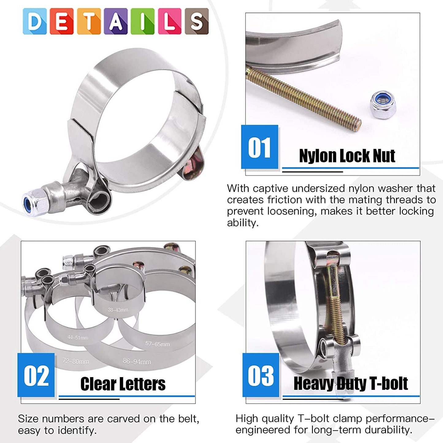 2-Pack 3-inch Stainless Steel T-bolt Hose Clamps Series 77-87mm 3-inch Hose Clamps