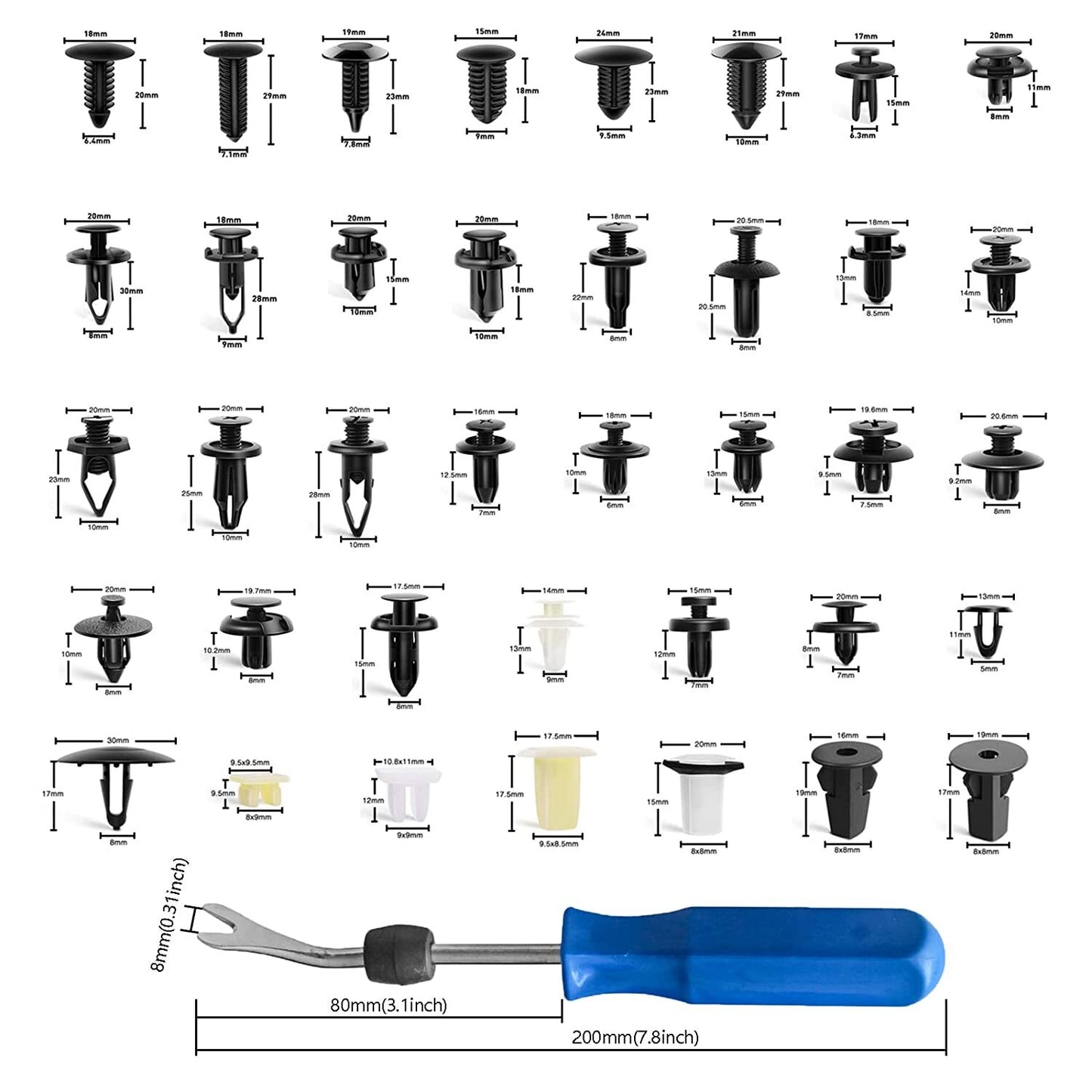 Car door panel trim clips - 38 most popular sizes, 637 pieces