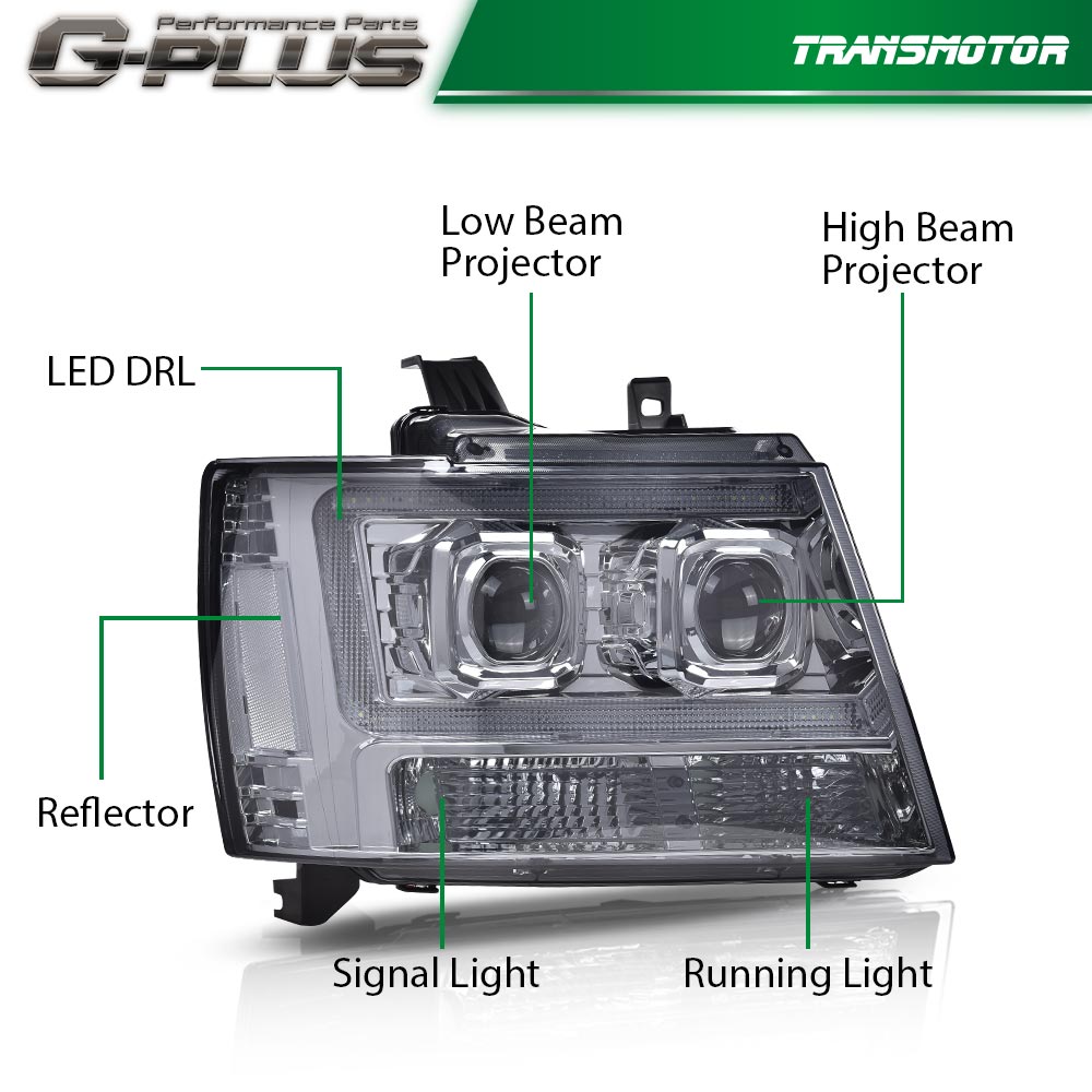 Suitable for 07-14 Avalanche Tahoe Suburban LED projector front light with chrome accents.