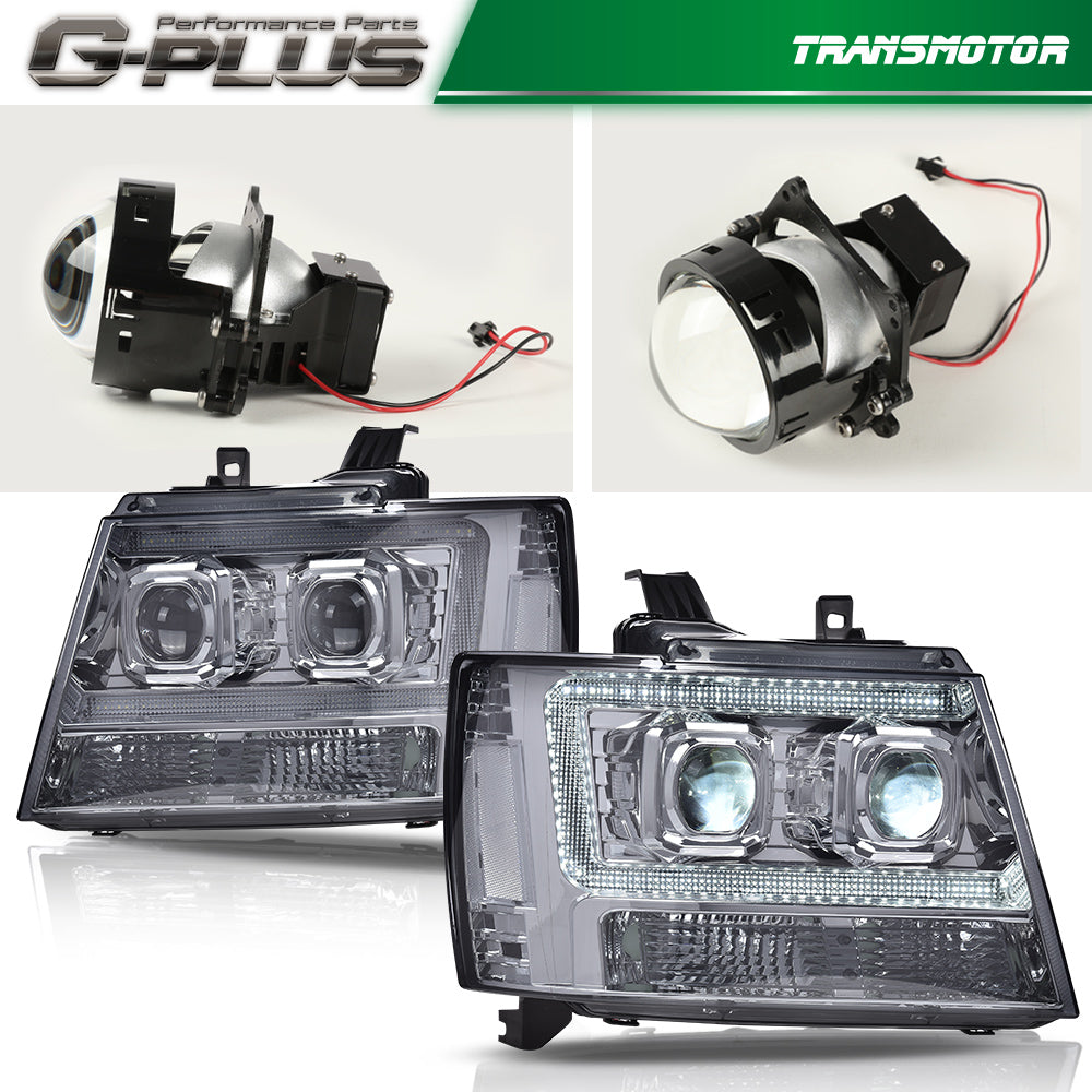Suitable for 07-14 Avalanche Tahoe Suburban LED projector front light with chrome accents.