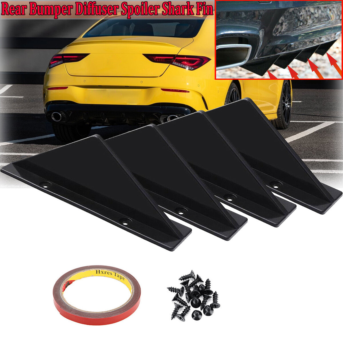 4-Piece Car Rear Bumper Diffuser Shark Fin Kit Boiler Gloss Black Universal
