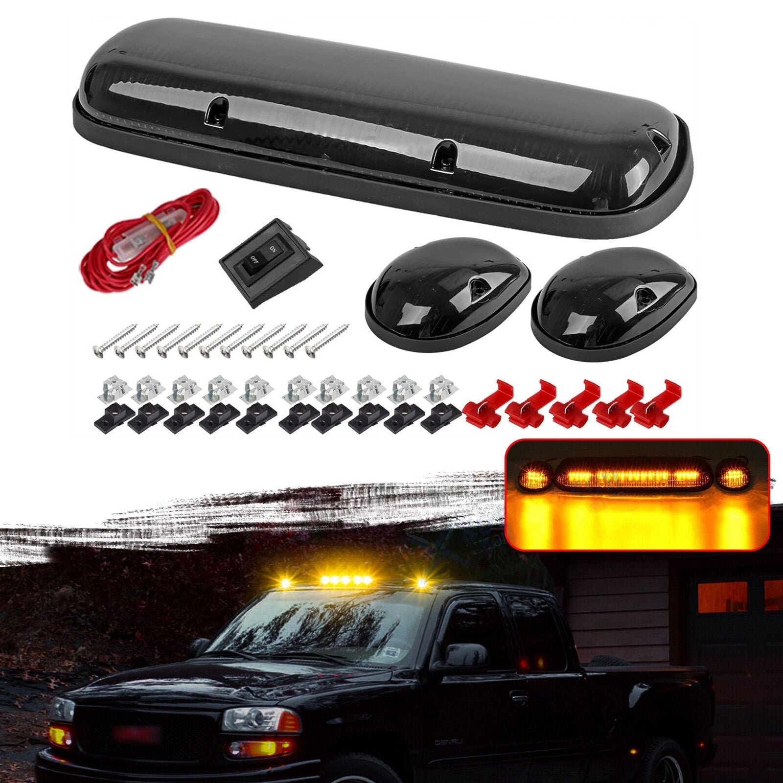 3pcs Amber For 2002-2007 Silverado for Sierra Smoke LED Cab Roof Top Marker Lights