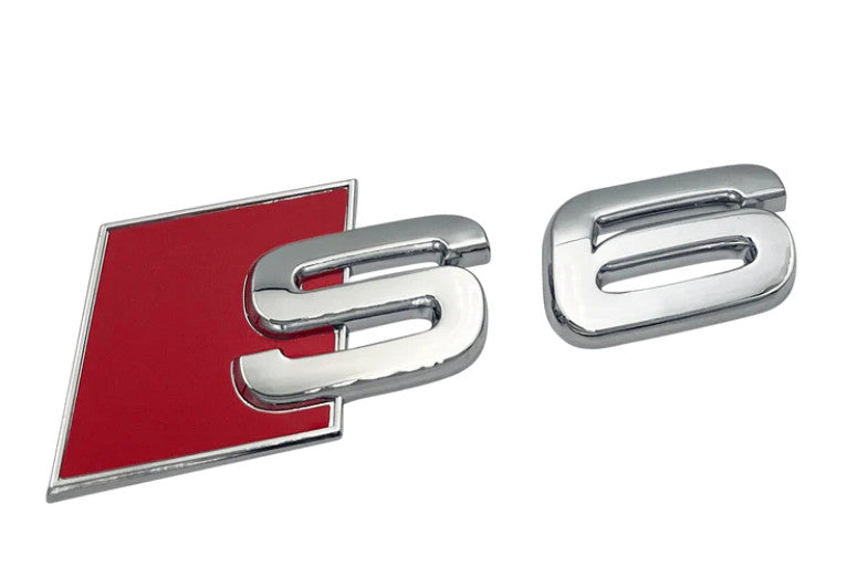 Chrome decals for Audi S6 car cover, rear ring, front grille badge, boots, and decals.