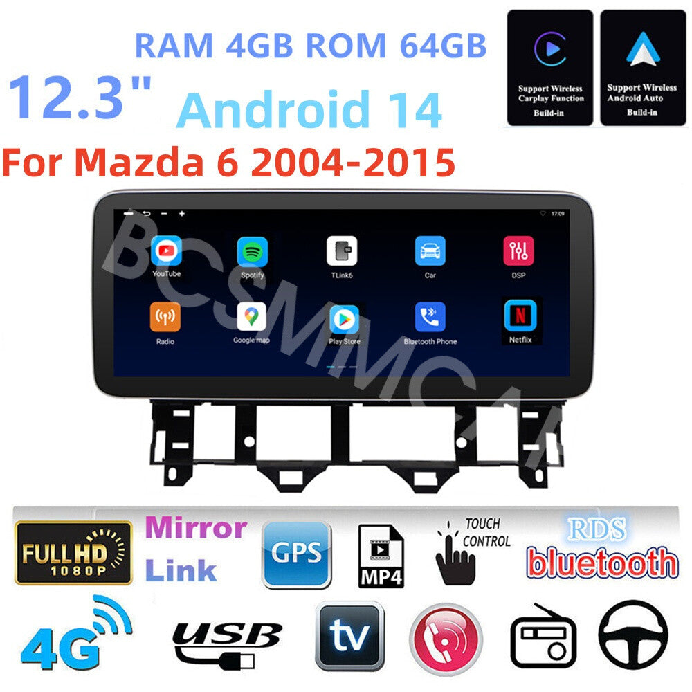 Android 14 Carplay Car Stereo Radio GPS WIFI BT 4+64G Fit for Mazda 6 2004-2015