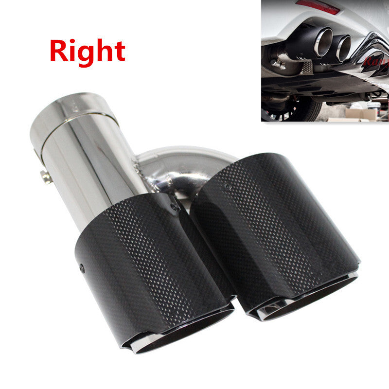 Car Right Glossy Carbon Fiber Exhaust Pipe H Rear Dual Exhaust Tip End Chrome
