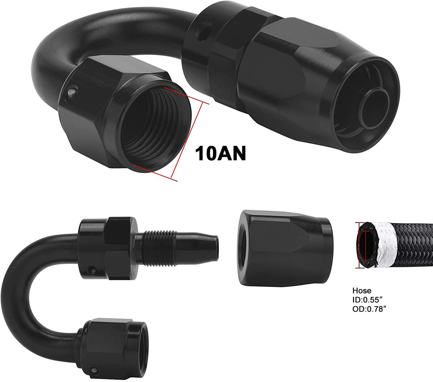 2pcs 10AN 180Degree Swivel Hose End Fitting for Braided Fuel Line Aluminum Black