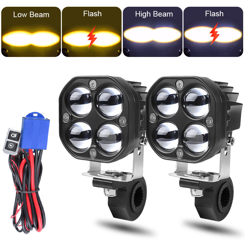 2PCS Motorcycle LED Spot Light Auxiliary Headlight Fog Driving Lamp White+Yellow