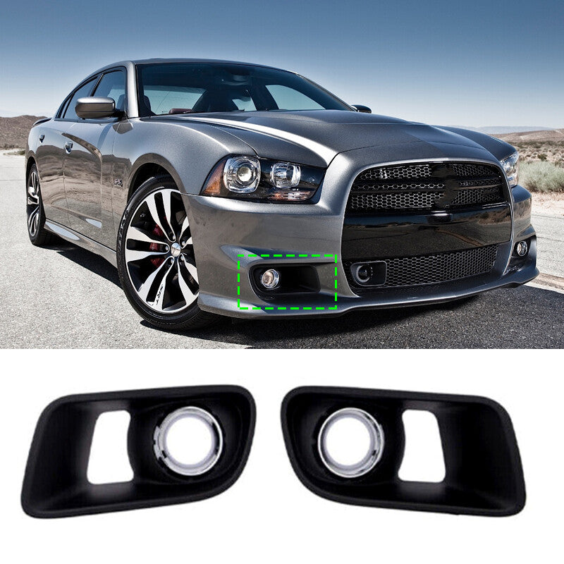 A pair of front bumper fog light protectors for Dodge Charger 2012, 2013-2014.