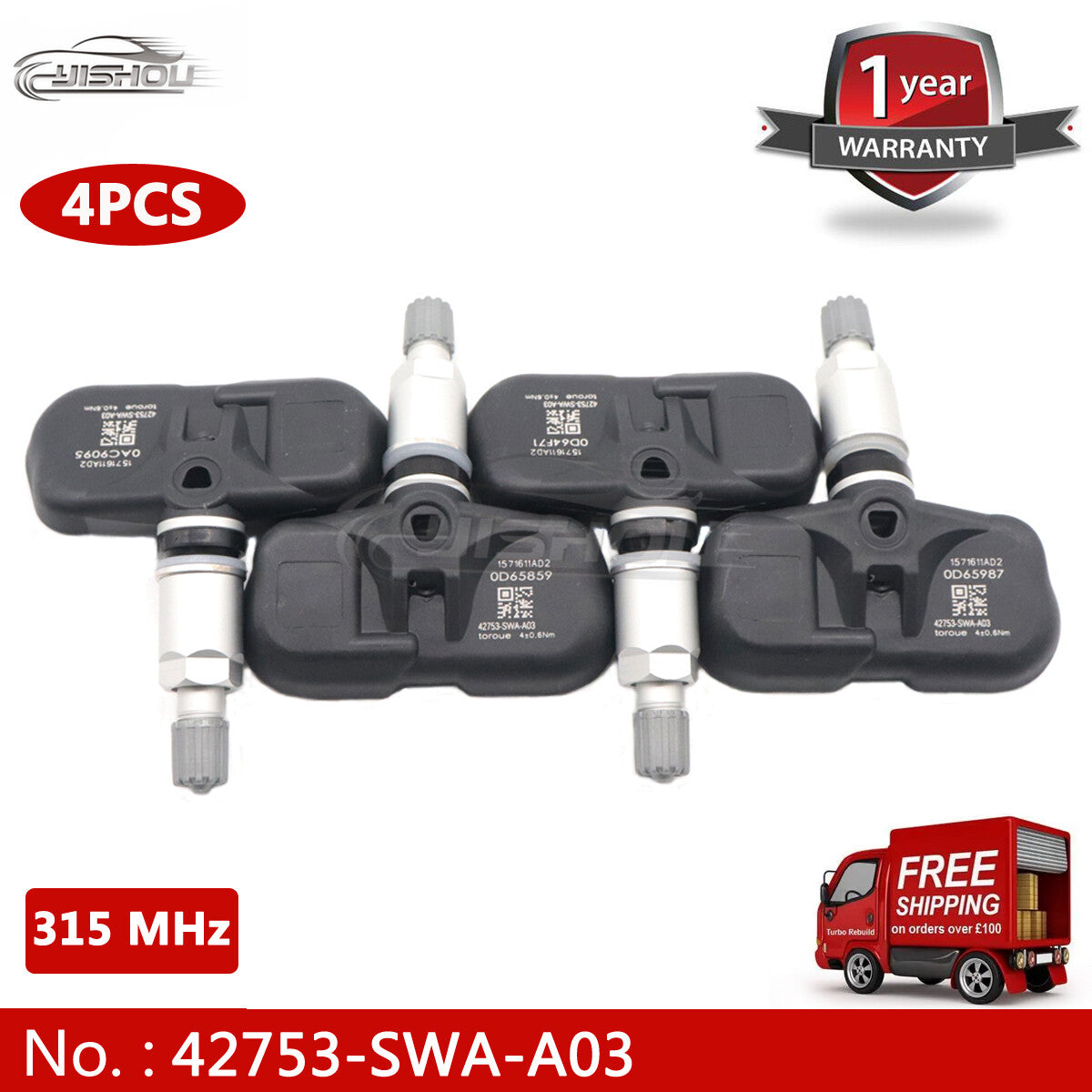 4-pack of new TPMS tire pressure sensors for Honda CR-V, Accord, Pilot 42753-SWA-A03