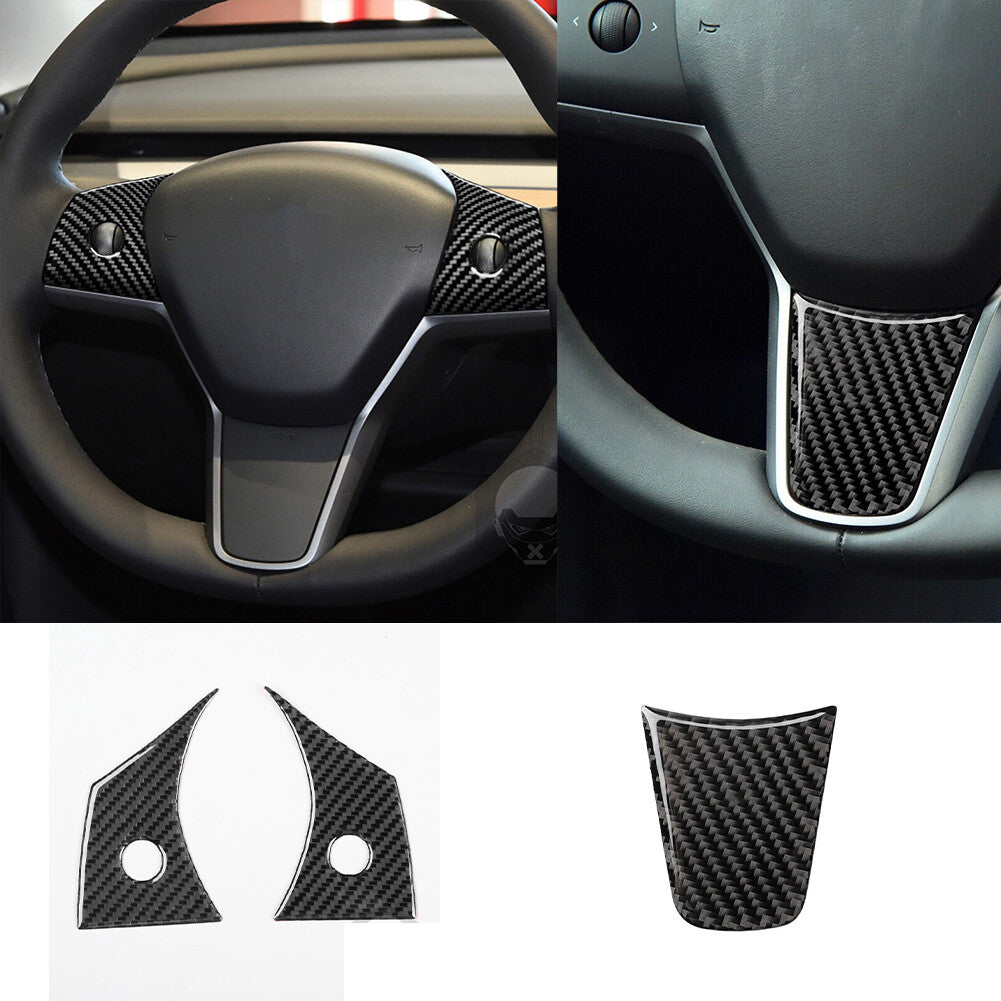 3x Carbon Fiber Interior Steering Wheel Cover Trim for Tesla for Model Y /3 2017-2022