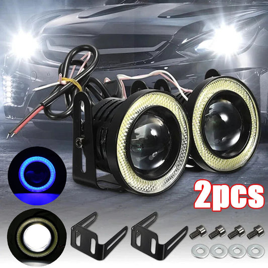 2Pcs 12V Universal 3in COB LED DRL Driving Lights White Blue Angel Eyes Fog Lamp