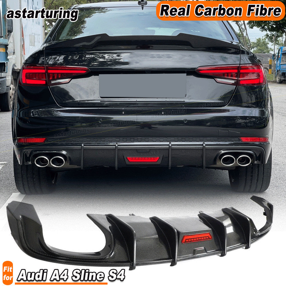 for Audi A4 Sline S4 2017-19 Rear Bumper Diffuser Lip Quad Exhaust Carbon Fiber