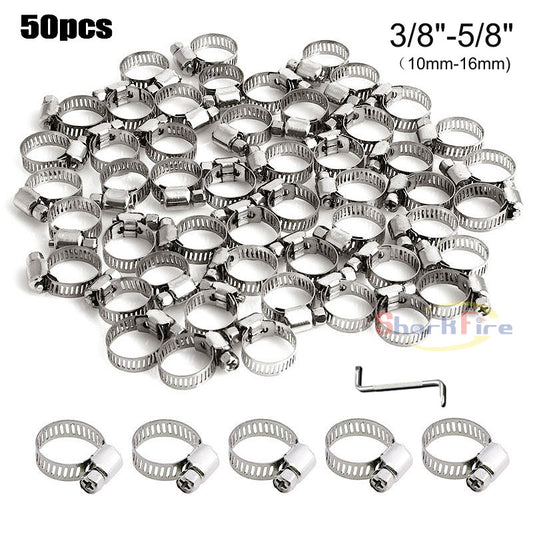 50-pack 3/8 inch - 5/8 inch Stainless Steel Adjustable Drive Hoses Fuel Clips Worm Clips