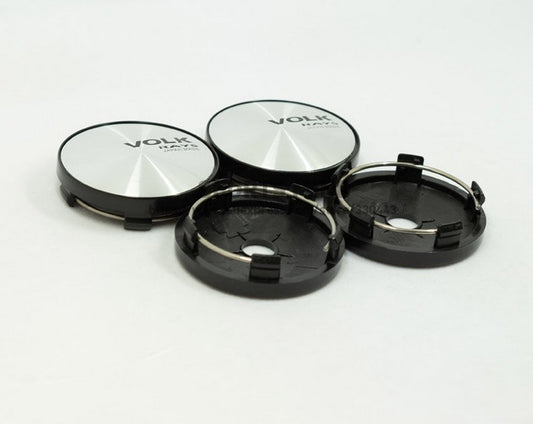 4-Piece Set of 60mm Volk Rays Badge Wheel Center Covers, Hub Covers, Edge Covers, Silver/Black