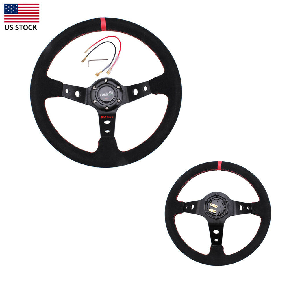 Red 14inch 350mm Deep Dish 93mm Steering Wheel for Racing Suede Leather US