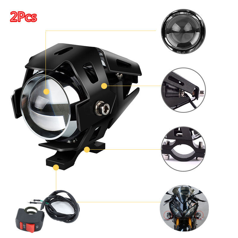 3 Modes 2PCS Motorcycle Armor LED Headlights White High Beam Lamp DRL Head Light