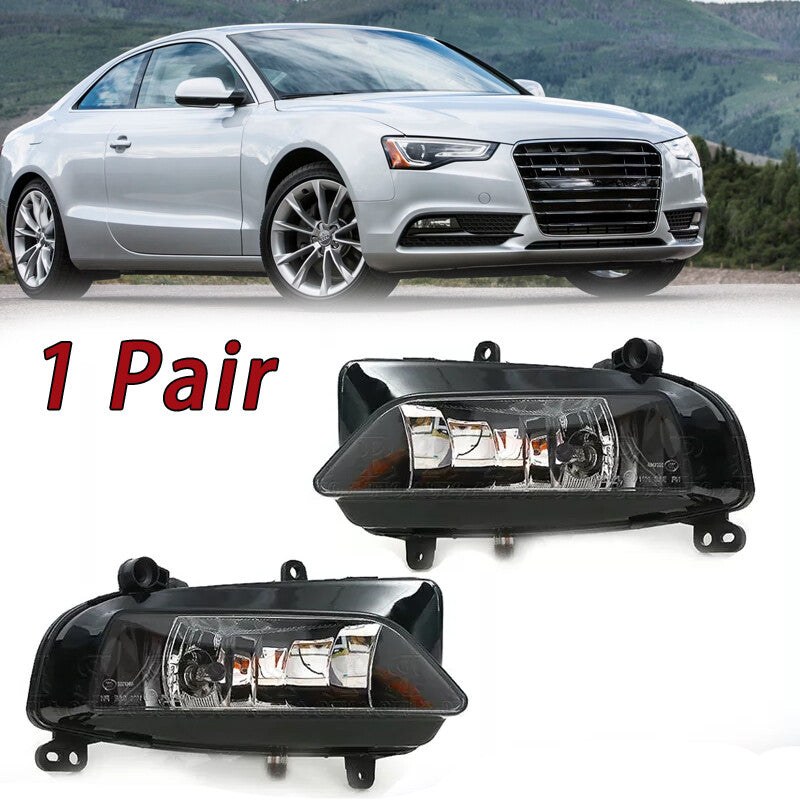 Two transparent halogen front fog lights for Audi S5, A5, and S series models from 2013 to 2016.