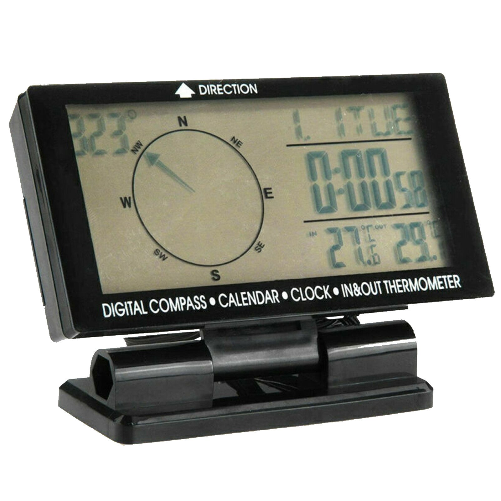 In-car digital compass, 4.6-inch LCD screen with blue LED, clock, thermometer, and calendar.