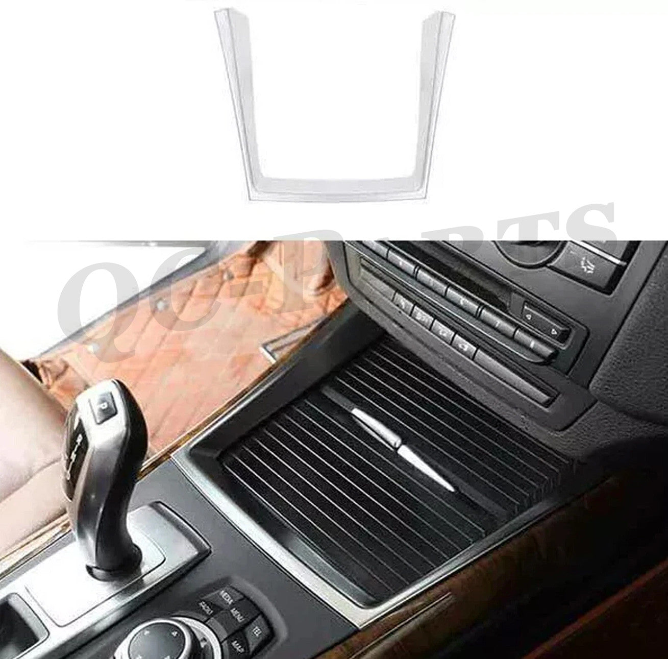 Silver protective cover for ABS on center console cupholders for BMW X5, X6, E70, and E71 (2008-2013).