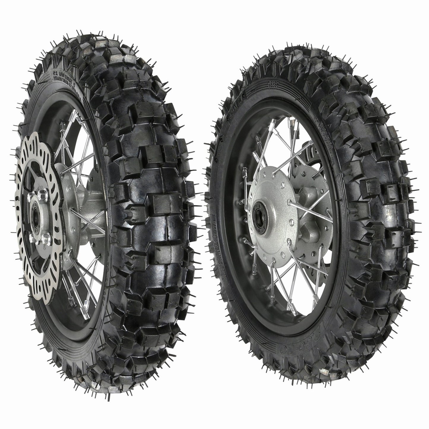 10-inch front and rear tires, 2.50-10/3.00-10 rims, disc brakes, F50 SSR 110cc XR50
