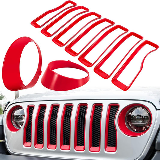 Red front grille inserts and headlight trim covers are available on the for Jeep for Wrangler JL Unlimited.