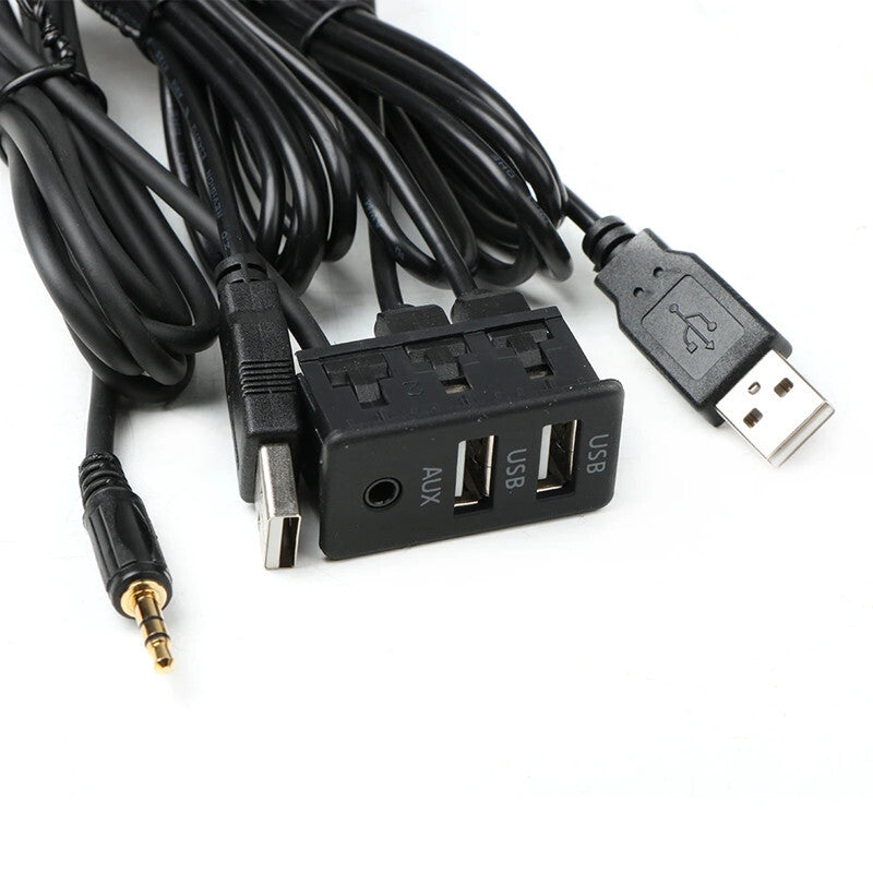 Car Extension AUX 2 USB Charger Port Panel Dual USB Expansion Adapter Cable Kit