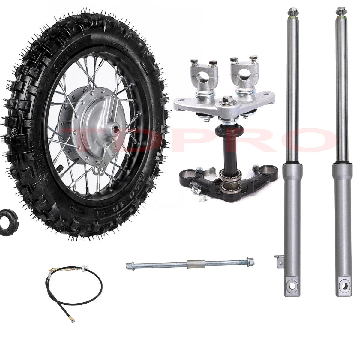 2.50-10 tires and forks for cross-country bikes suitable for Honda CRF50, XR50, and for Yamaha TTR50.