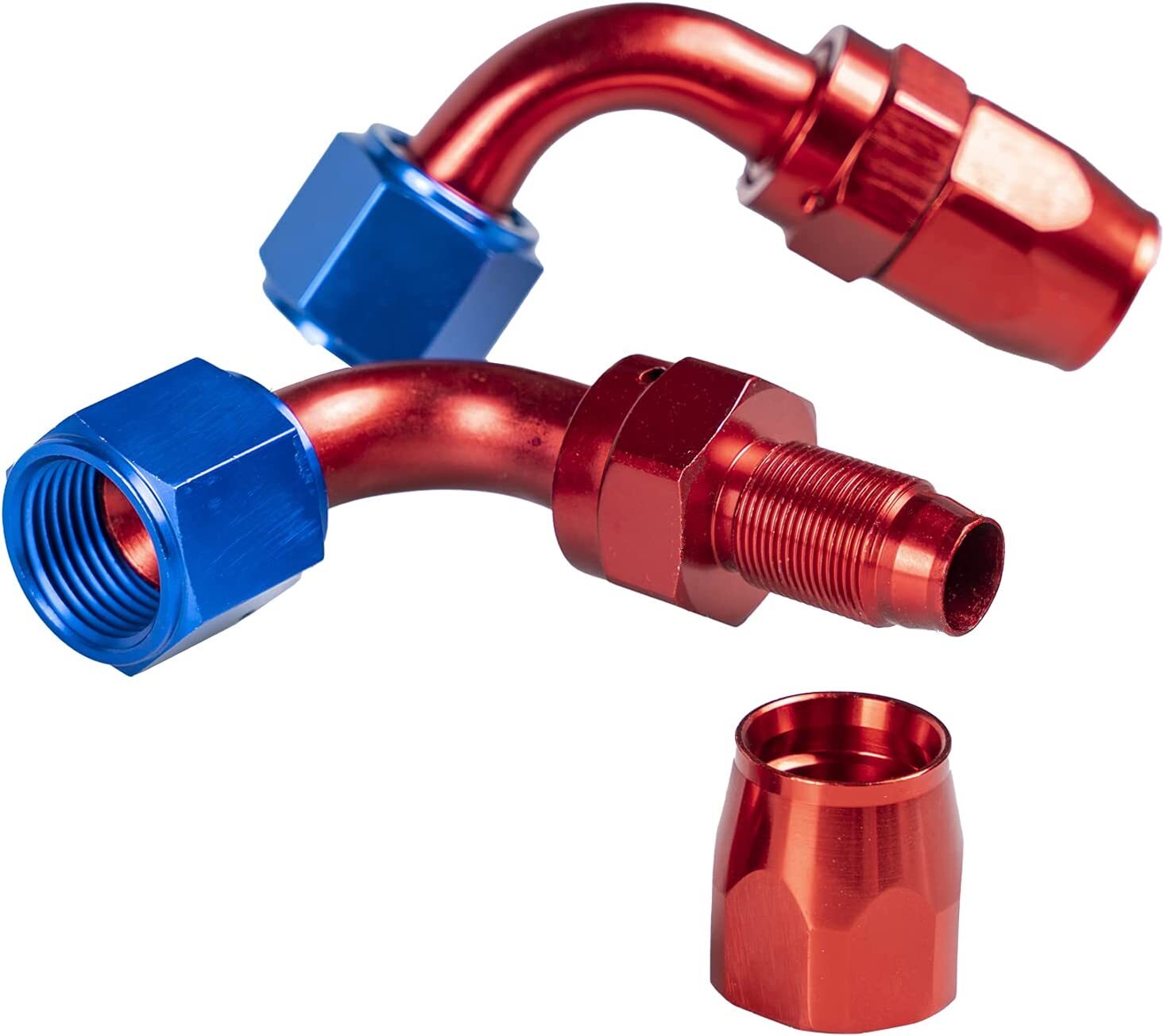 Red and blue AN10 90-degree swivel hose end adapter for fuel CPE hoses US