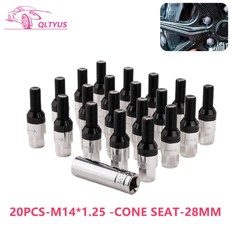20PC 28mm M14x1.25 Wheel Lug Bolt Cone for Seat Stud Set for Most Aftermarket Silver