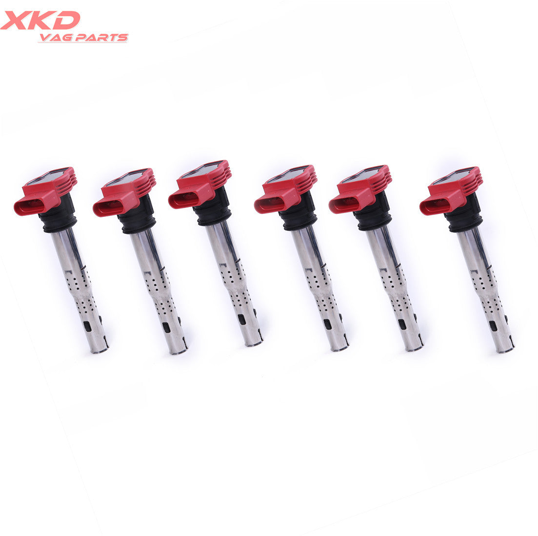 Six new red ignition coils for Volkswagen Touareg, for Audi A4, A6 2.8, 3.0 TFSI, and 3.2 V6 engines.