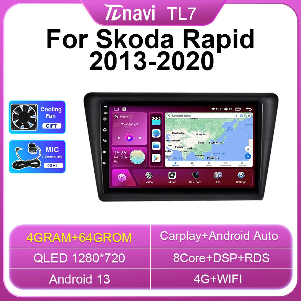 for SKODA Rapid 2013-2020 Android Stereo CarPlay Car Radio GPS Player Screen DSP