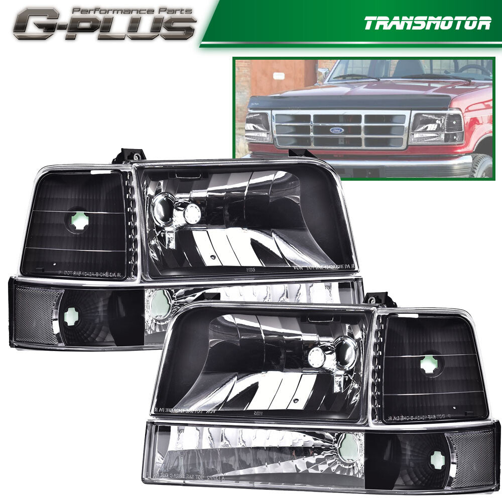 Headlights with corner signal bumper lights applicable to 1992-1996 for Ford F150, F250, and F350 models.