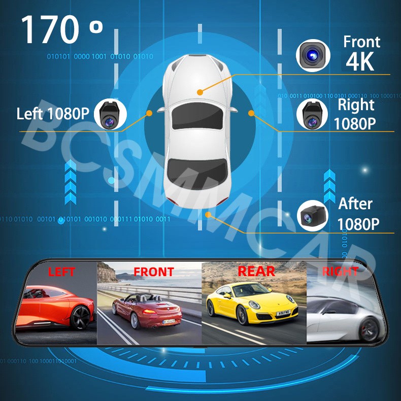 12in Car Rearview Mirror Video Recorder 4 Channel Dash Cam G-Sensor Night Vision