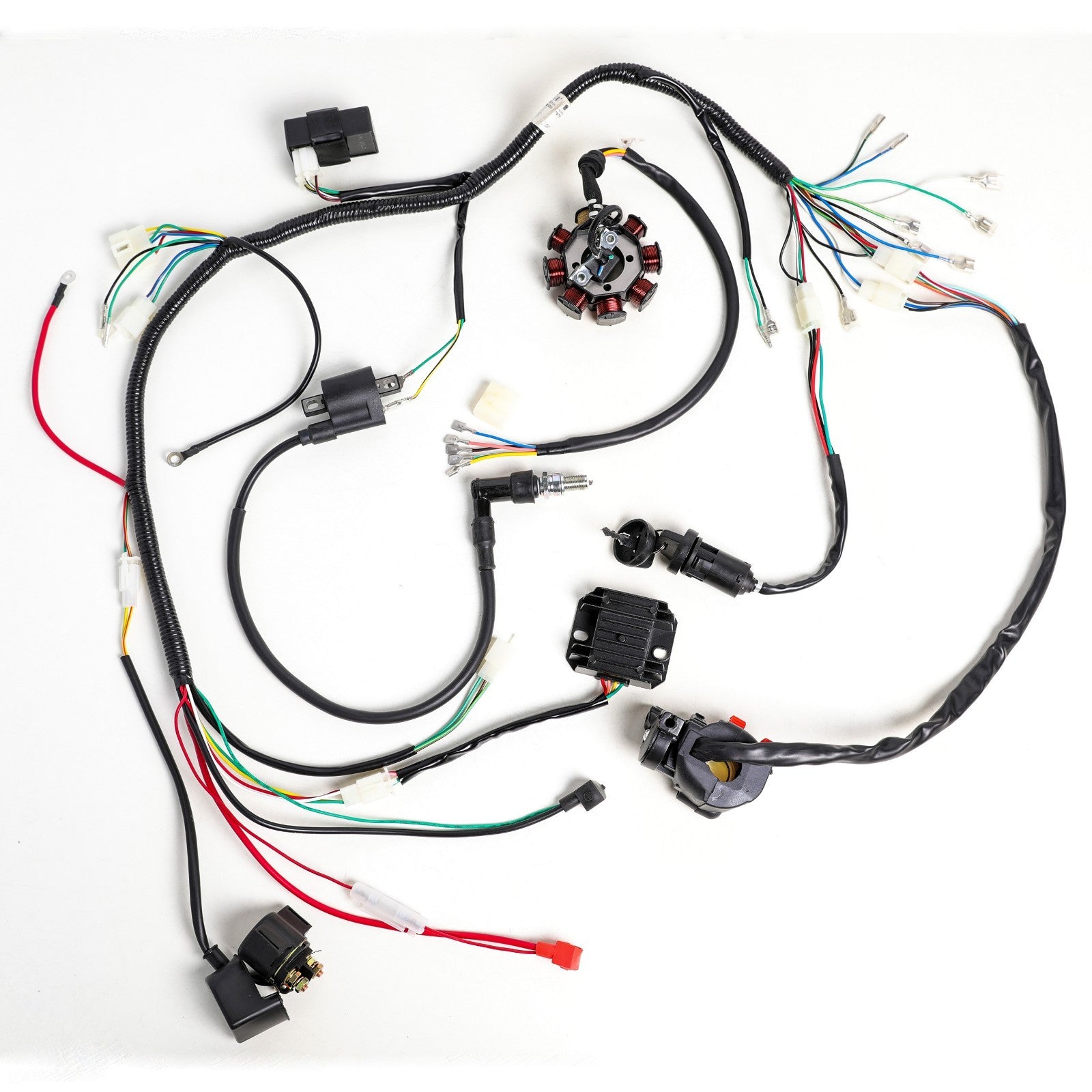 Wiring harness suitable for 150cc and 200cc Dirt bicycles, all-terrain vehicles, go-karts, and four-wheel off-road vehicles.