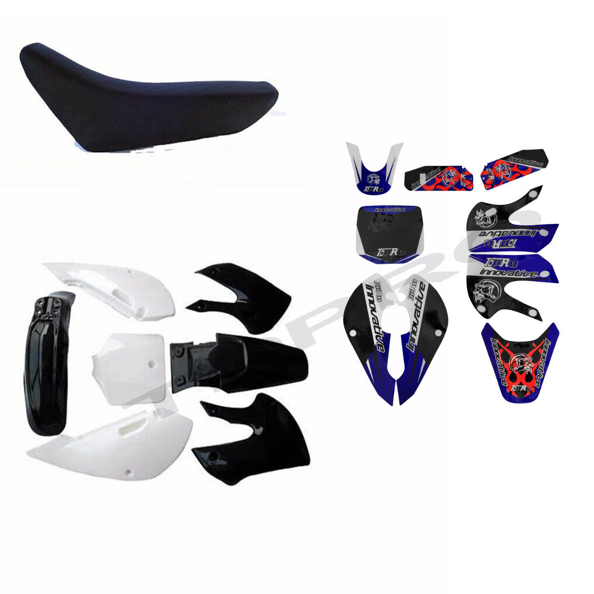 Plastic mudguard stickers and decals for Kawasaki KLX110, KX65, for Suzuki DRZ110, RM65