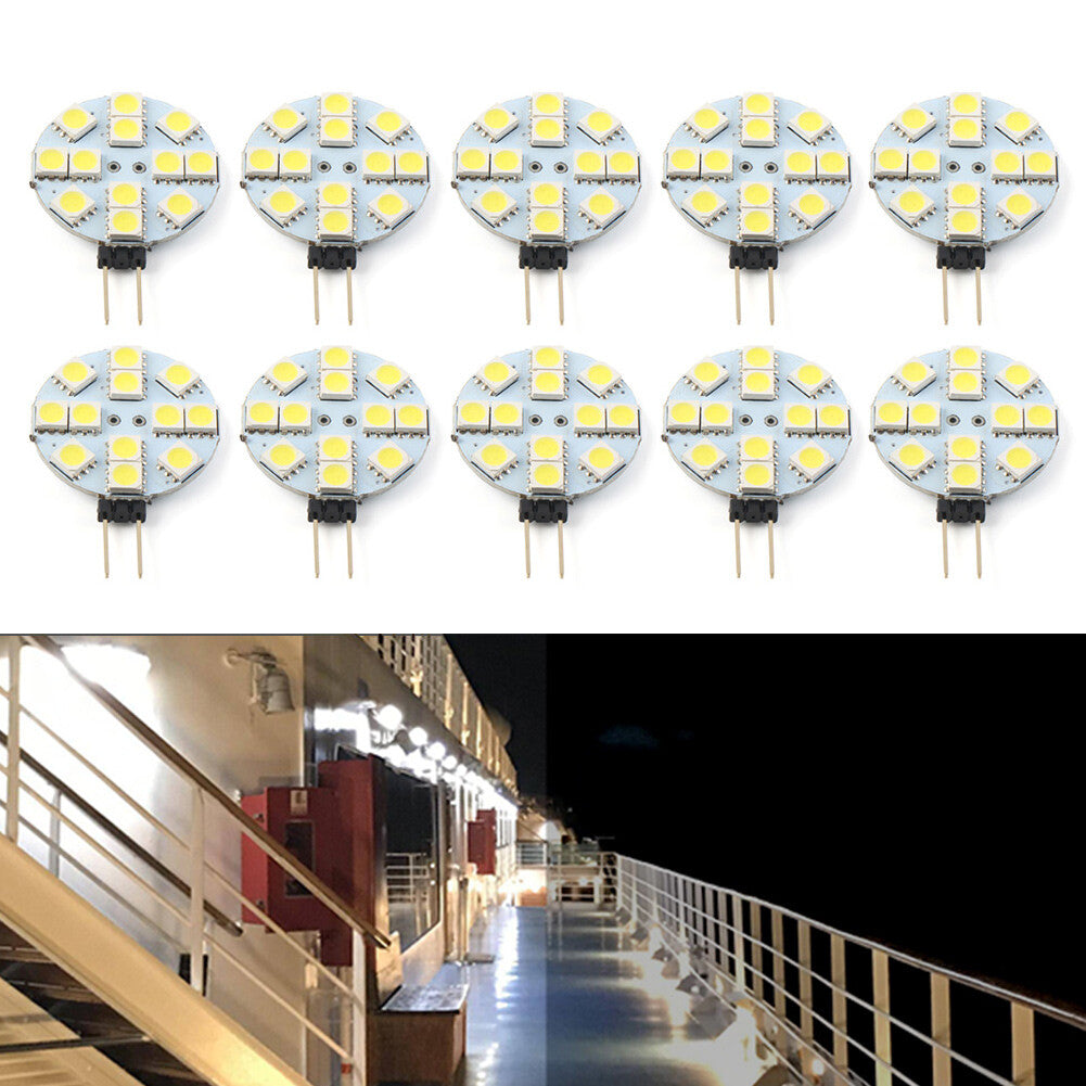 Fit Car RV Landscape G4 Socket Light Bulb White 5050 SMD 12 Round Bulb 10PCS