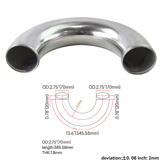 70mm 2.75 Aluminum Intercooler Intake Pipe Piping Tube hose 180 Degree Silver