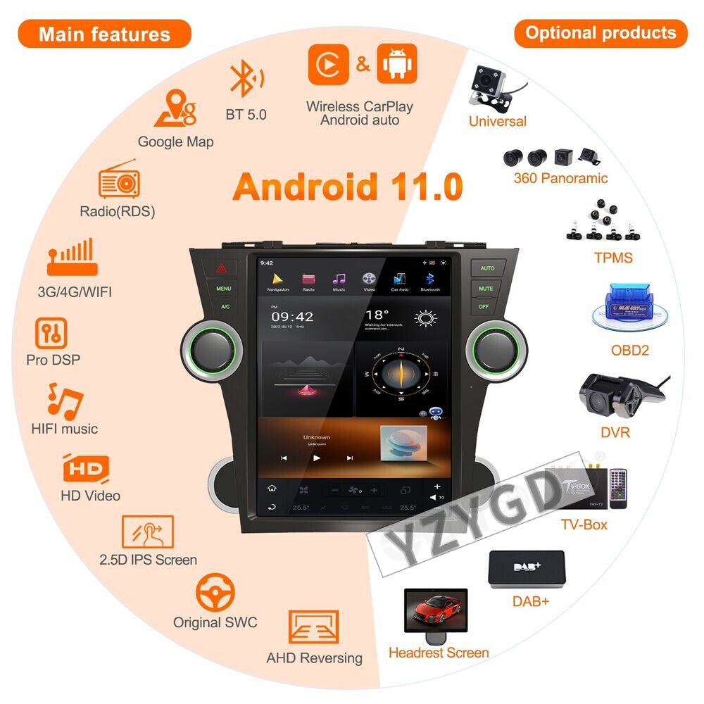 Android for Toyota Highlander 2009-2013 CarPlay Car Radio 2Din Receiver Screen