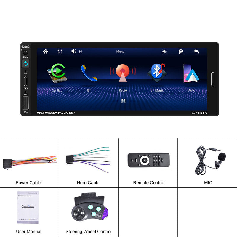 6.9-inch Single 1DIN Car Wireless CarPlay Radio Stereo Touch Bluetooth MP5 Player