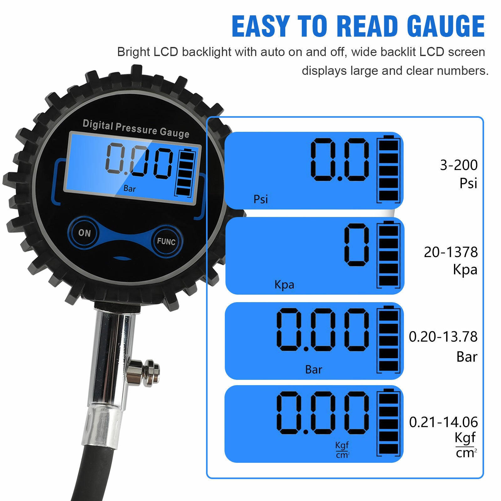 Digital Precision Tire Pressure Gauge 200PSI - Instrument Tester for Trucks, Cars, and Bicycles